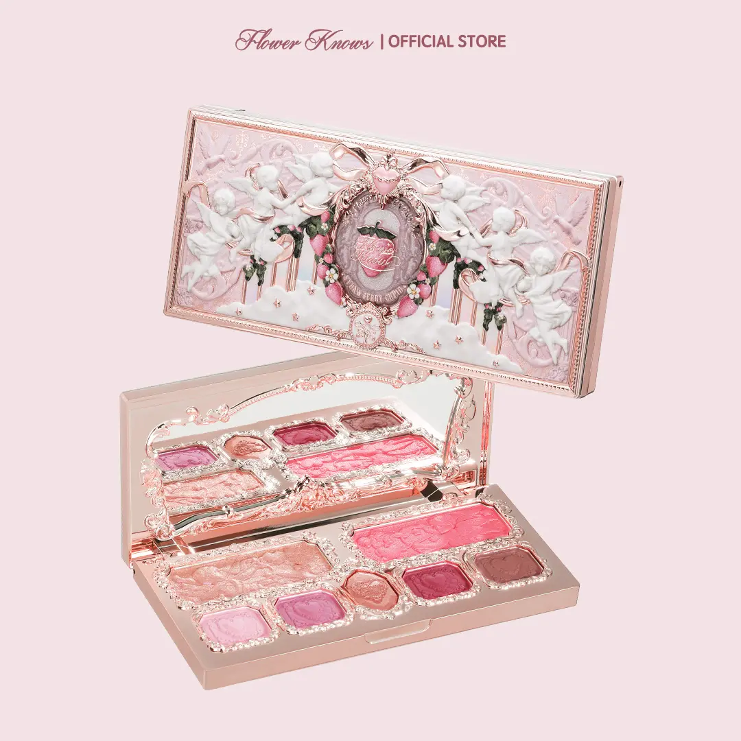Flower Knows Strawberry Cupid Collection Makeup Palette, All-in-1 Matte, Shimmer, Silky, High-Pigment, Long-Lasting Blush with Honey Brightening Glam Pack Glitter, Radiant All Over Glimmer for Adult Office & Travel, #summerwins, #DealsForYouDays
