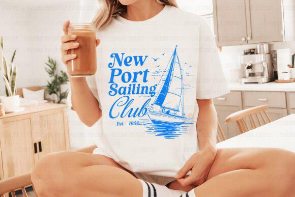 New Port Sailing Club T-Shirt - White Crew Neck Short Sleeve with Sailboat Design, Casual Style for Everyday Wear