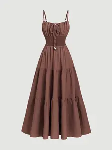 1 Spaghetti Strap Tiered Maxi Dress Women | Tie Front Smocked Flowy Sundress | Boho Coastal Vacation Bridal Shower Wear | Cottagecore Romantic Brunch Outfit Womenswear Bohemian