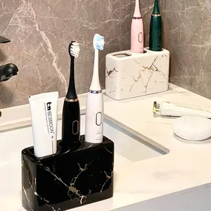 Golden Marble Finish Ceramic Toothbrush Holder - 3-Slot Textured Bathroom Storage Box, Rust-Proof Countertop Base, Toothpaste And Brush Storage Set.