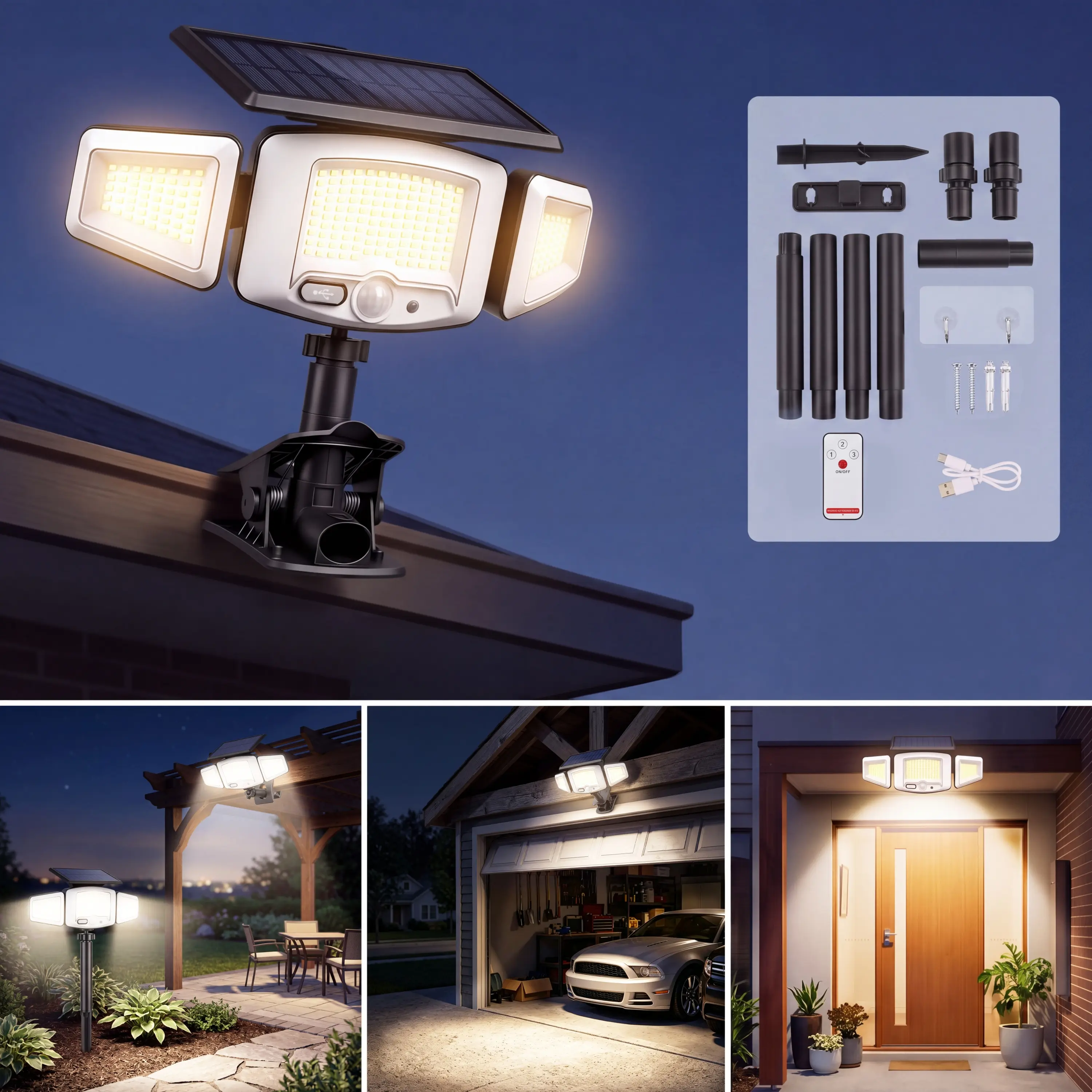 Tuffenough High Power Solar Motion Sensor Outdoor Lights, Clip on Outdoor Solar Lights 231 LED 3000LM with Remote, Type-C Charging IP65 Waterproof 3-Head Flood Lights for Backyard Yard, Fence, Deck, Patio, Garage, Home Essential Outdoor Lights
