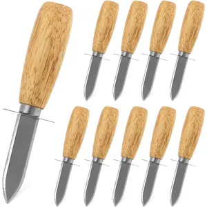 Professional Oyster Clam Shucking Opener, 10 count, Sturdy Stainless Steel and Smooth Wooden Handle, Dishwasher Safe, Ideal for Shellfish Seafood
