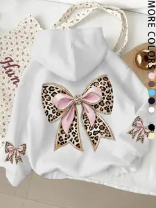 Leopard Print & Bow Graphic Hoodie, Comfortable Plus-Size Women's Activewear, Versatile for Daily Wear & Travel