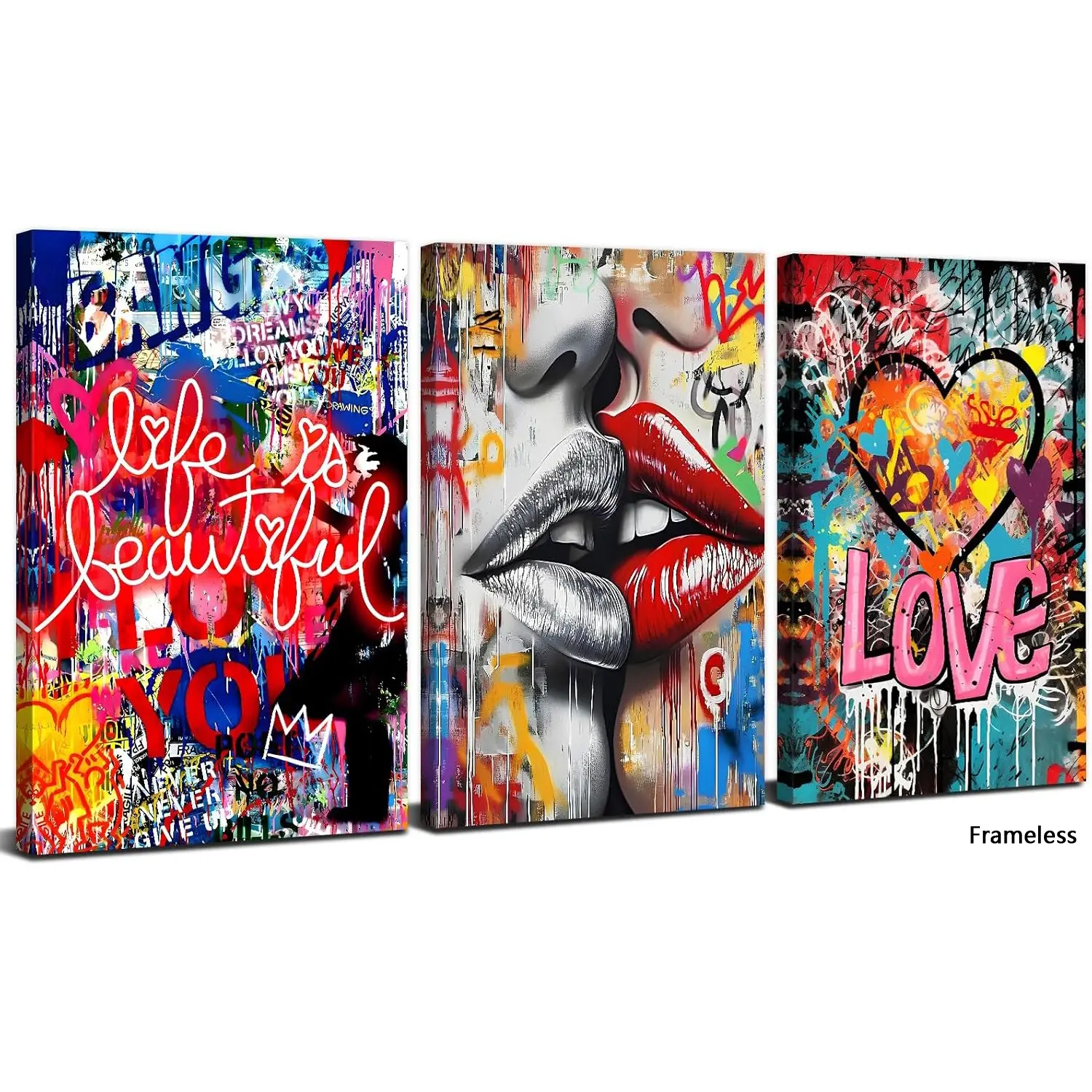 3PCS Banksy Pictures Canvas Wall Art Abstract Art Design Abstract Colourful Graffiti Painting Wall Art Romantic Kissing Pop Art Wall Art Print Unframed Art Print Modern Love Poster for Bedroom Wall Pictures Living Room Decoration