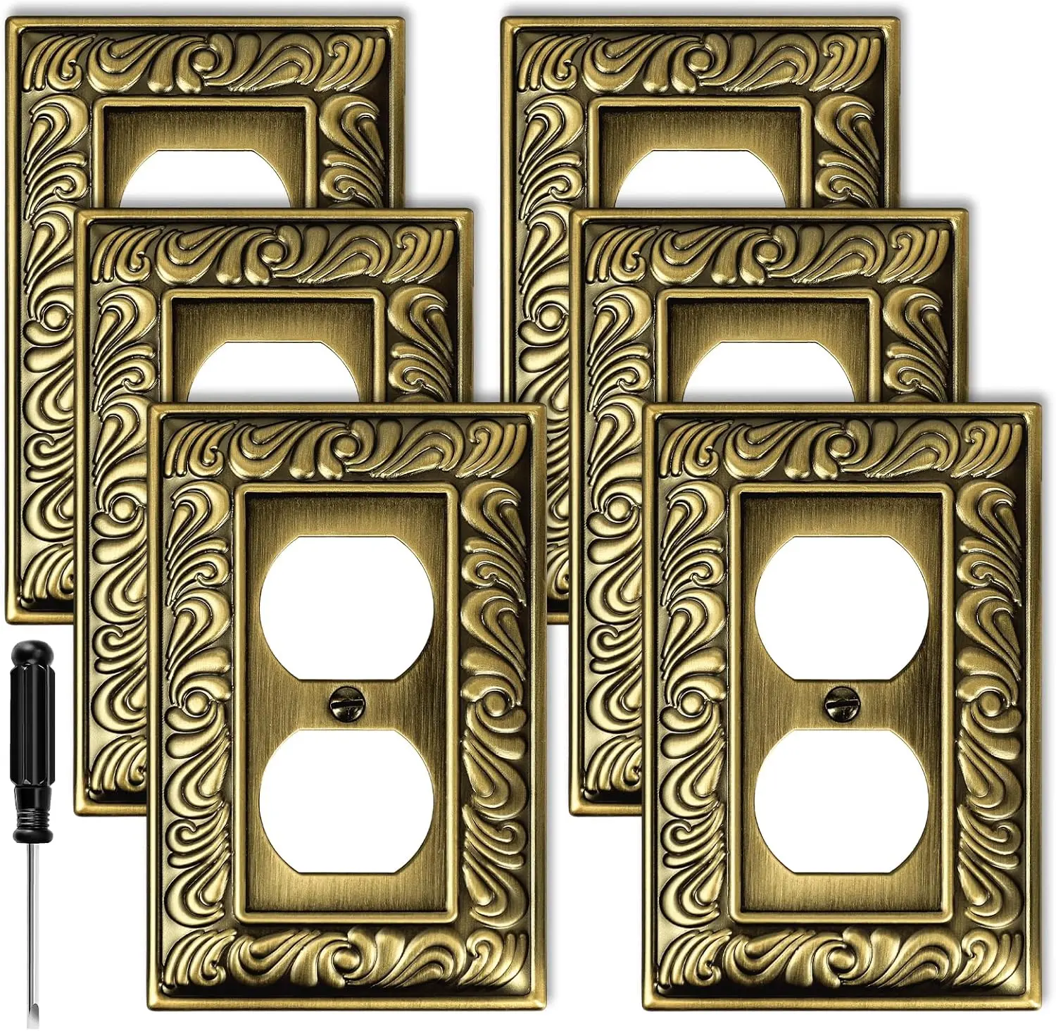 Antique Brass Duplex Outlet Cover Paisley  Decorative Wall Plates for Electrical Outlet, Metal  Plates and Receptacle Cover for Kitchen Bathroom (1 Gang Duplex Outlet-6 Pack)
