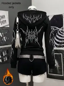 Women's Winter Y2K Print Hooded Zipper Jacket, Thick Heavyweight Fleece Lined Coat, Casual Loose Fit Commuter Style