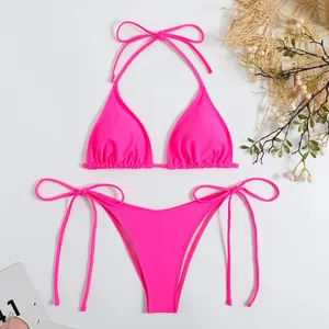 Hot Pink Bikini Set, Tie Side Thong Bikini, Women Triangle String Two Piece Swimsuit