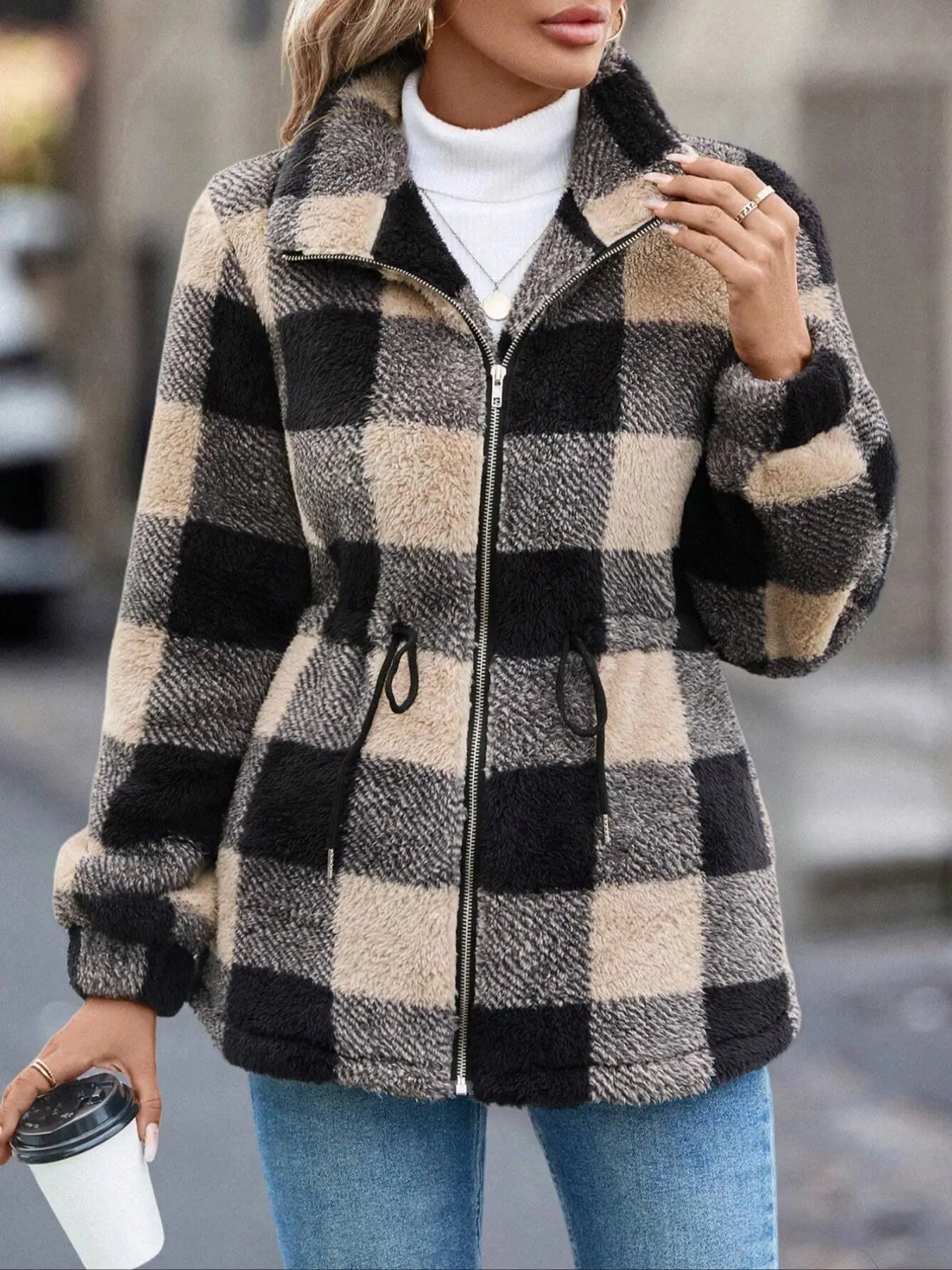 Women's Thick Plush Coat Jackets Autumn Winter Long Sleeve Plaid Tartan Collar Zipper Pockets, Style, Casual, Fashionable Outerwear