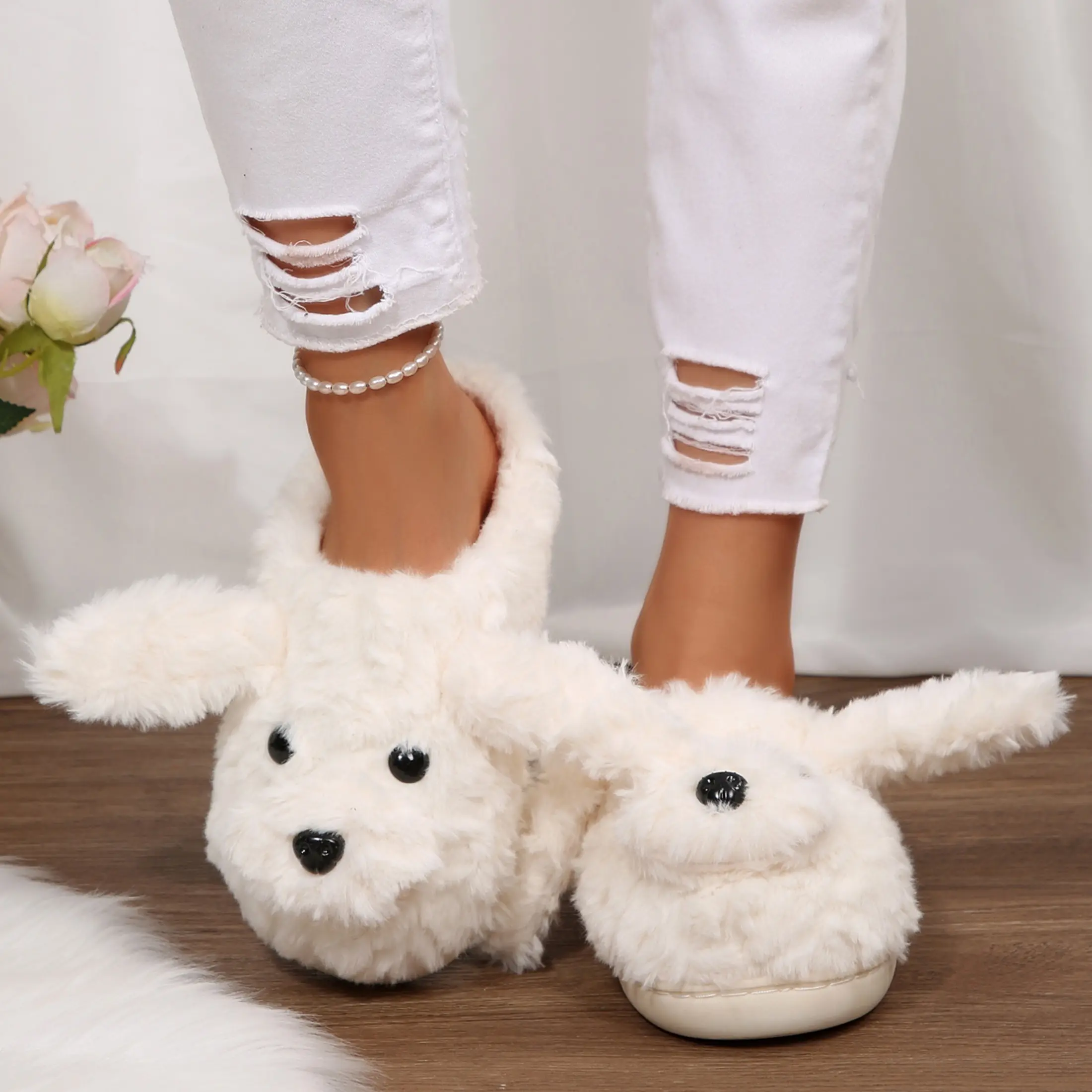 Women's Cute Dog Fuzzy Slippers Warm Plush Indoor House Indoor Outdoor Shoes