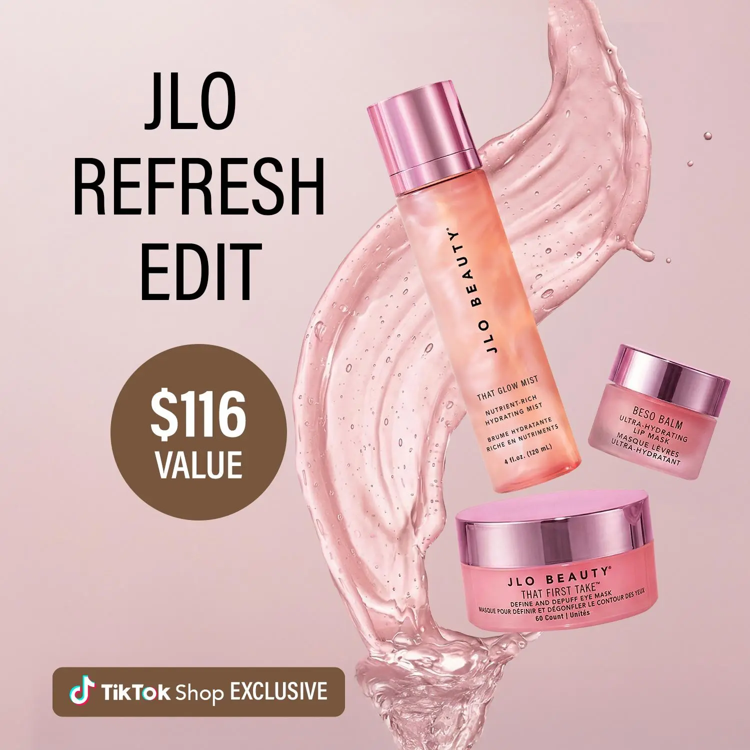 JLO BEAUTY Refresh Edit 3-Piece Skincare Set - Nourishing Face Mist, 60-Ct Caffeine Eye Masks, Hyaluronic Acid Lip Balm for Daily Dewy Glow, Radiant Skin, Brightening, Glow Up, All Skin Types, Gym Use, Repair, Morning Routine, Eyes, Skin Transformation