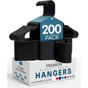 Plastic Hangers 200 Pack -  Space Saving Clothes Hanger - Durable and  -  Closet Organizers with  Grooves (Black)