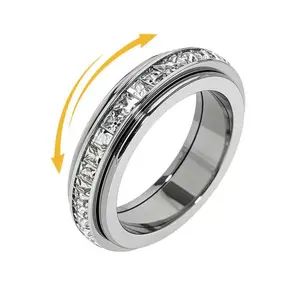 Titanium Steel Cubic Zirconia Spinner Ring, Anti Anxiety Fidget Finger Ring, Silver Fashion Jewelry for Women