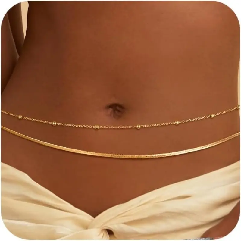 14K Gold Plated Stainless Steel Waist Chain for Women, Layered Belly Chain with Beads, Waterproof Snake Cuban Body Chain for Beach Summer Jewelry