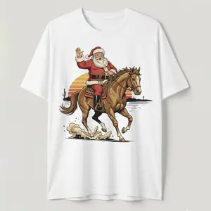 Western Santa Merry Christmas T-Shirt Cowboy Riding Horse Holiday Sunset Tee