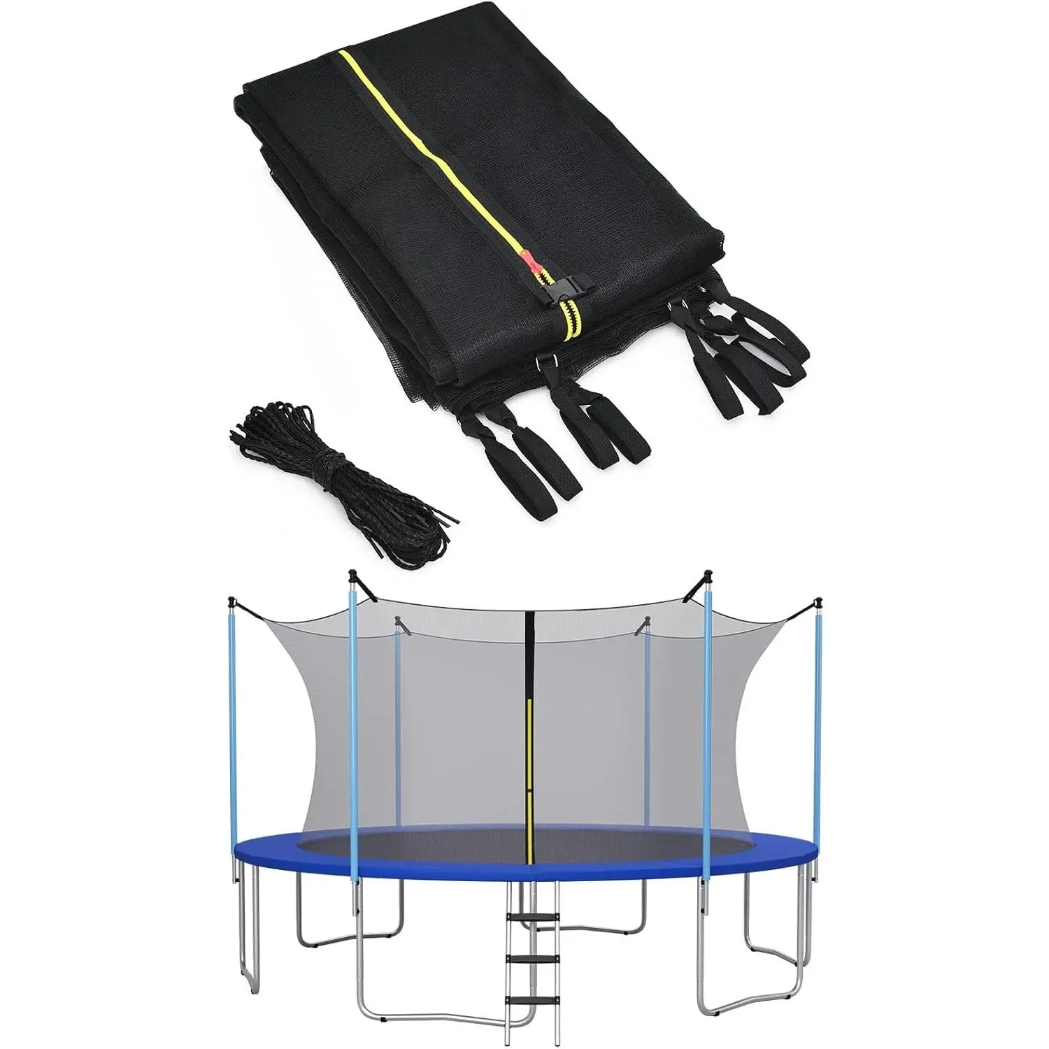 Trampoline Safety Net with Adjustable Straps, Fits 8 10 12 14 15 16Ft, Weather-Resistant Replacement Enclosure Net with Double-Headed Zipper, Protection Buckle, Poles Not Included