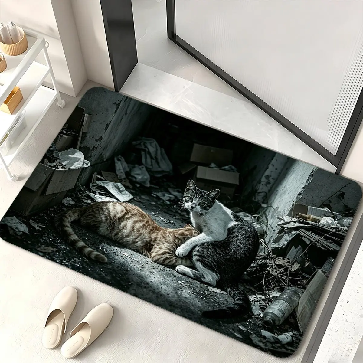 Vintage Hugging Stray Cats Flannel Doormat, Non-Slip Realistic Cute Floor Rug (16×24/20×31/24×36in) for Entryway Bathroom Decor, Cat Lovers’ Home Bath Mat