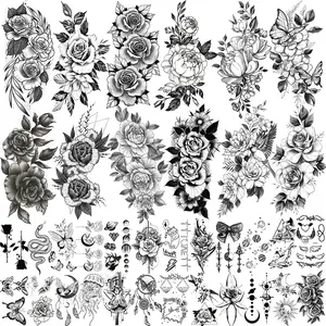 36 Sheets Long Lasting Flower Temporary Fake Tattoos For Women Arm Neck, Dream Catcher, Jellyfish Moon Rose For Adults Girl, 3D Temp Snake Tatoo Stickers Serpent Peony Floral Kids
