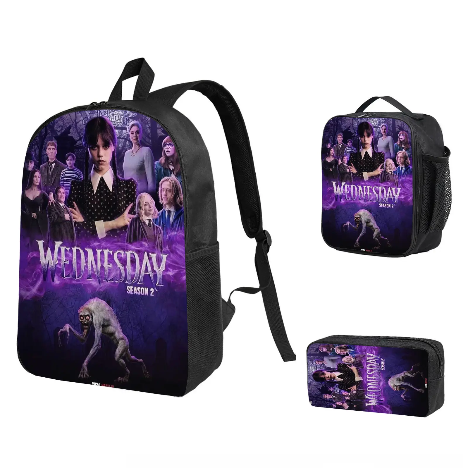 Wednesday Cartoon Cute 3-Piece Water-Resistant Backpack Combo - School Bookbag with Insulated Lunch Bag & Pencil Case, Kids Holiday Camping Laptop Travel Daypack, Back to School Gift (b-257), All Seasons, Character Art, Oxford Fabric, Adjustable Straps, A
