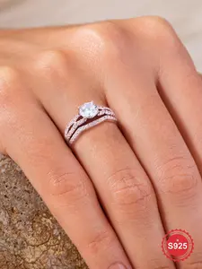 S925 Sterling Silver Synthetic Zircon Engagement Ring Set, Luxury Sparkle Ring for Women, Eternal Promise Wedding Ring for Girlfriend, Birthday Gift, Artificial Zircon Ring