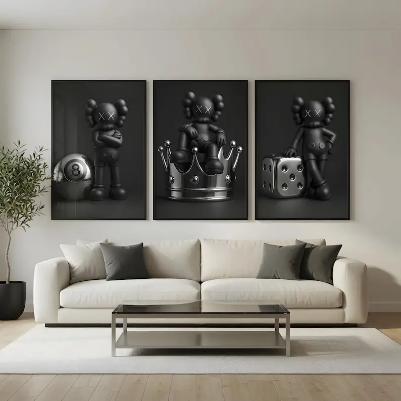 Kaws Wall Art Poster Set Of 3 Poster Print Unframed, Black Chrome HypeBeast Decorative Room Decor, Silver 8Ball Print, Kaws Figures Canvas, Living Game Room Kaws