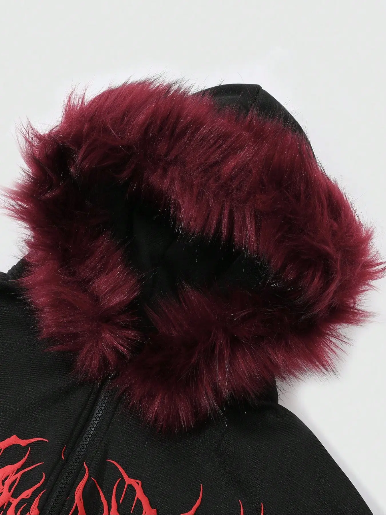 Y2K Cyber Grunge Full Zip Hoodie with Red Furry Hood | Gothic