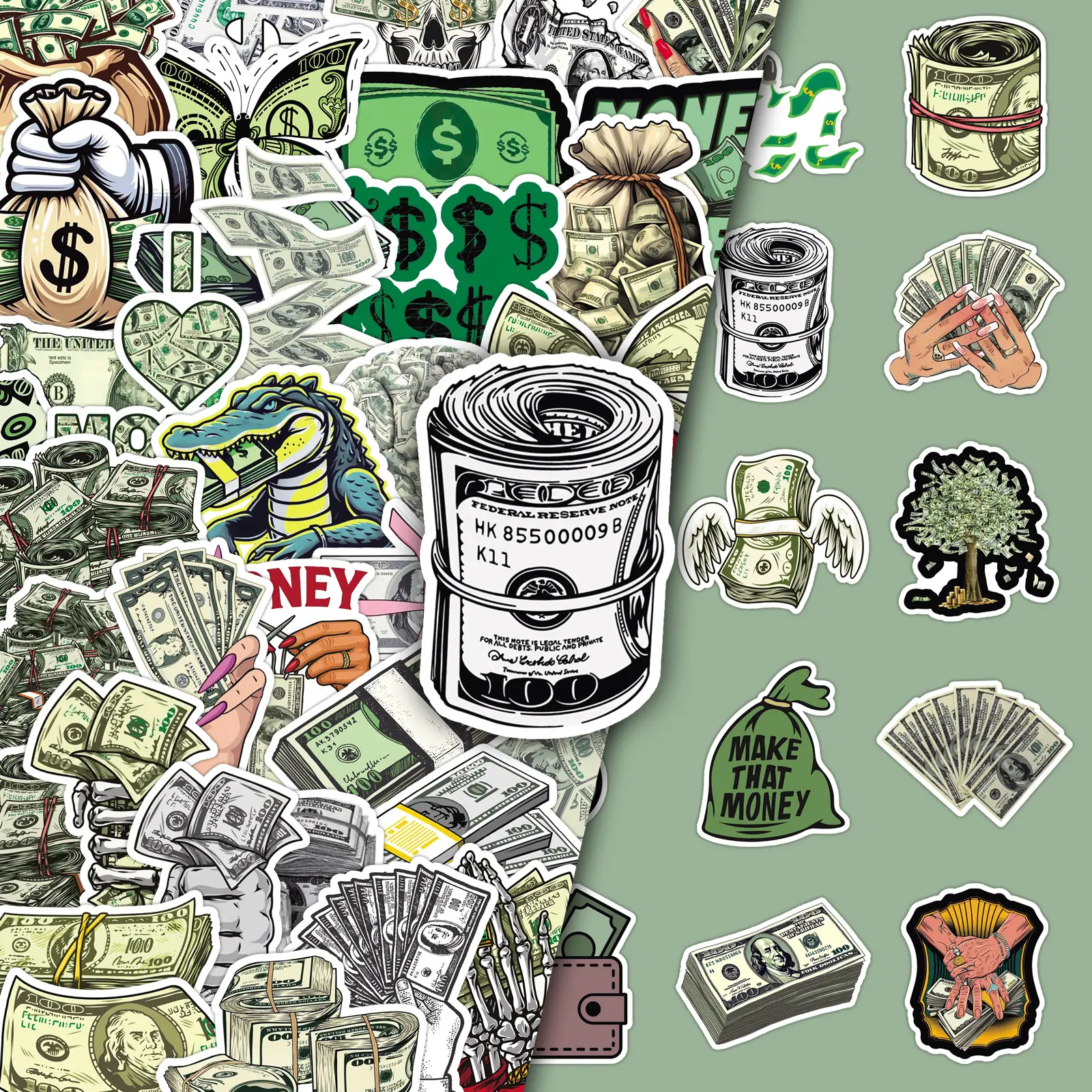 50-Pack Dollar Bill Graffiti Stickers - Urban Street Art Decals Adhesive Graphic Decal Multipurpose Decals for Vehicles Car Decal for Luggage, Skateboards, Cars & Phone Cases (Foil Currency Print, Edgy Cash Design) Automobile Decals