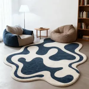 Blue Flowing Striped Irregular Carpet, Minimalist Abstract Living Room Bedroom Decor Rug, Soft Plush Foot Pad, Suitable for Game Room