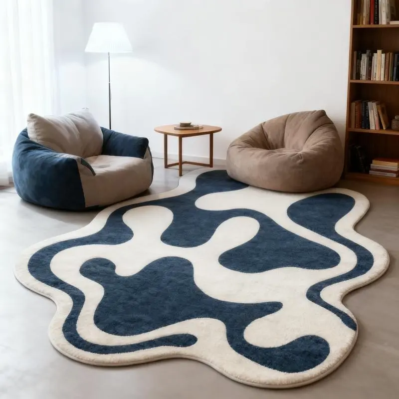 Blue Flowing Striped Irregular Carpet, Minimalist Abstract Living Room Bedroom Decor Rug, Soft Plush Foot Pad, Suitable for Game Room, Soft Area Rug