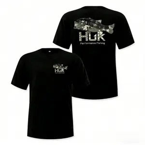 Men's Casual Crewneck HUK T - Shirt - Camo Bass Fish Graphic, 220g Soft Cotton Summer Tee
