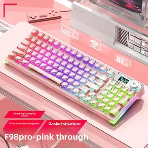 Transparent Wireless Bluetooth F98pro-pink Three-Mode Mechanical Keyboard Customized Ice Crystal Gasket Structure Hot-Swappable