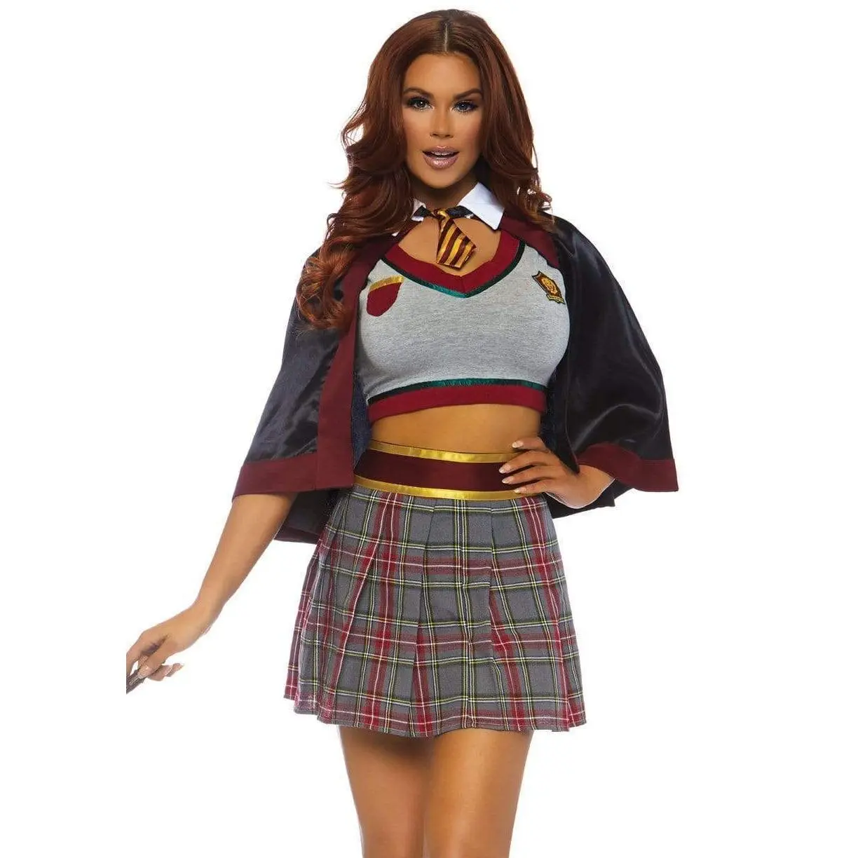 Leg Avenue Women's 3-Piece Spellbinding School Girl Costume, Sexy Plaid Set with Stretchy Fit for Halloween Cosplay, Clothes, Accessories, High Waist, Skirt, Crop Top, Preppy, High Waisted, Hand Wash, Cosplay Gear, Badge Accents