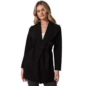 YESFASHION Women's Faux Suede Waterfall Lapel Jacket - Long Sleeve, Belted, Mid-Length, Open Front Casual Coat (95% Polyester, 5% Elastane) XYZ