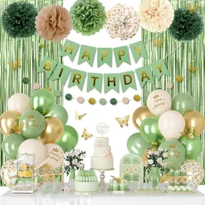 Sage Green Birthday Decorations, Olive Green Gold Metallic Printed Balloons Butterfly Stickers Fringe Curtain Happy Birthday Banner Circle Dots Paper Pompoms for Women Girls Boys Party Decor Supplies