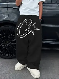Men's Sporty Sweatpants with Large C Star Design, Soft Skin-Friendly Fabric, Loose Wide Leg, Street Style, Drawstring Waist, All Seasons