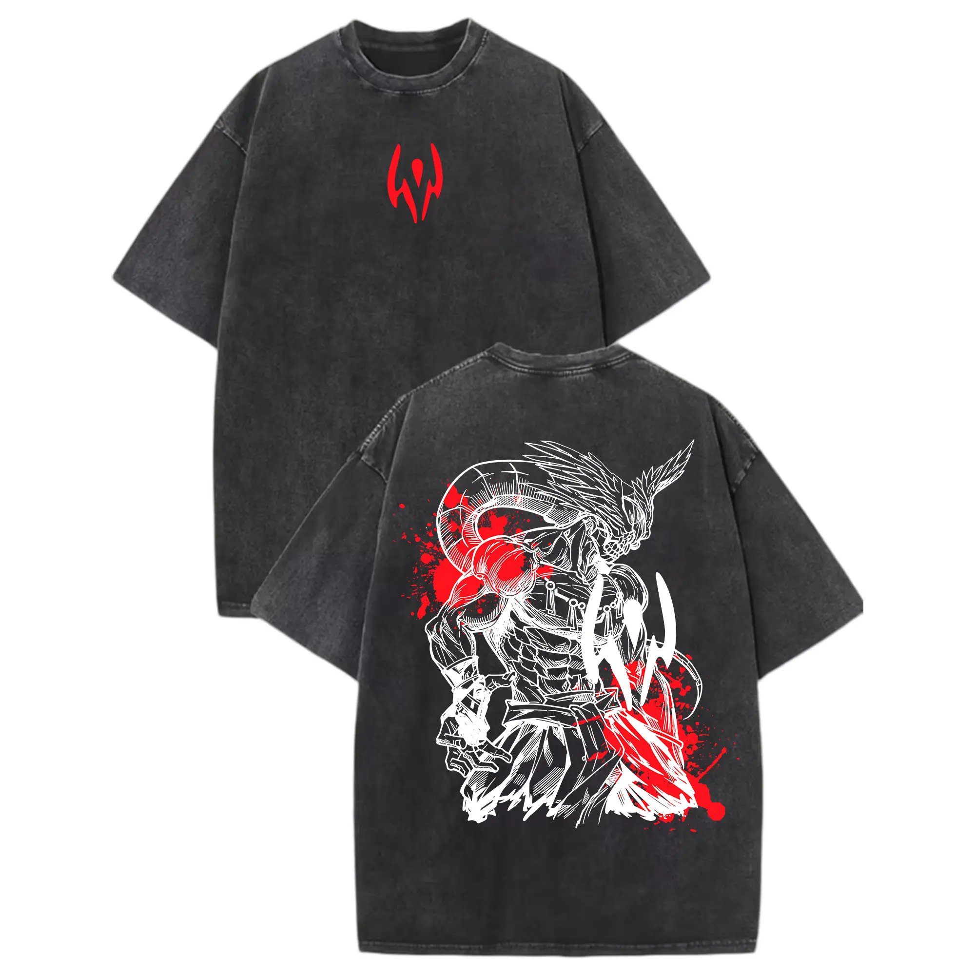 Men's Jujutsu Kaisen Mahoraga Anime Print Oversized Shortsleeve Menswear Tee - Vintage Washed Dark Casual Streetwear, Soft Cotton Unisex Quarter-Zip Truck Fit Top, Gift for Anime Fans