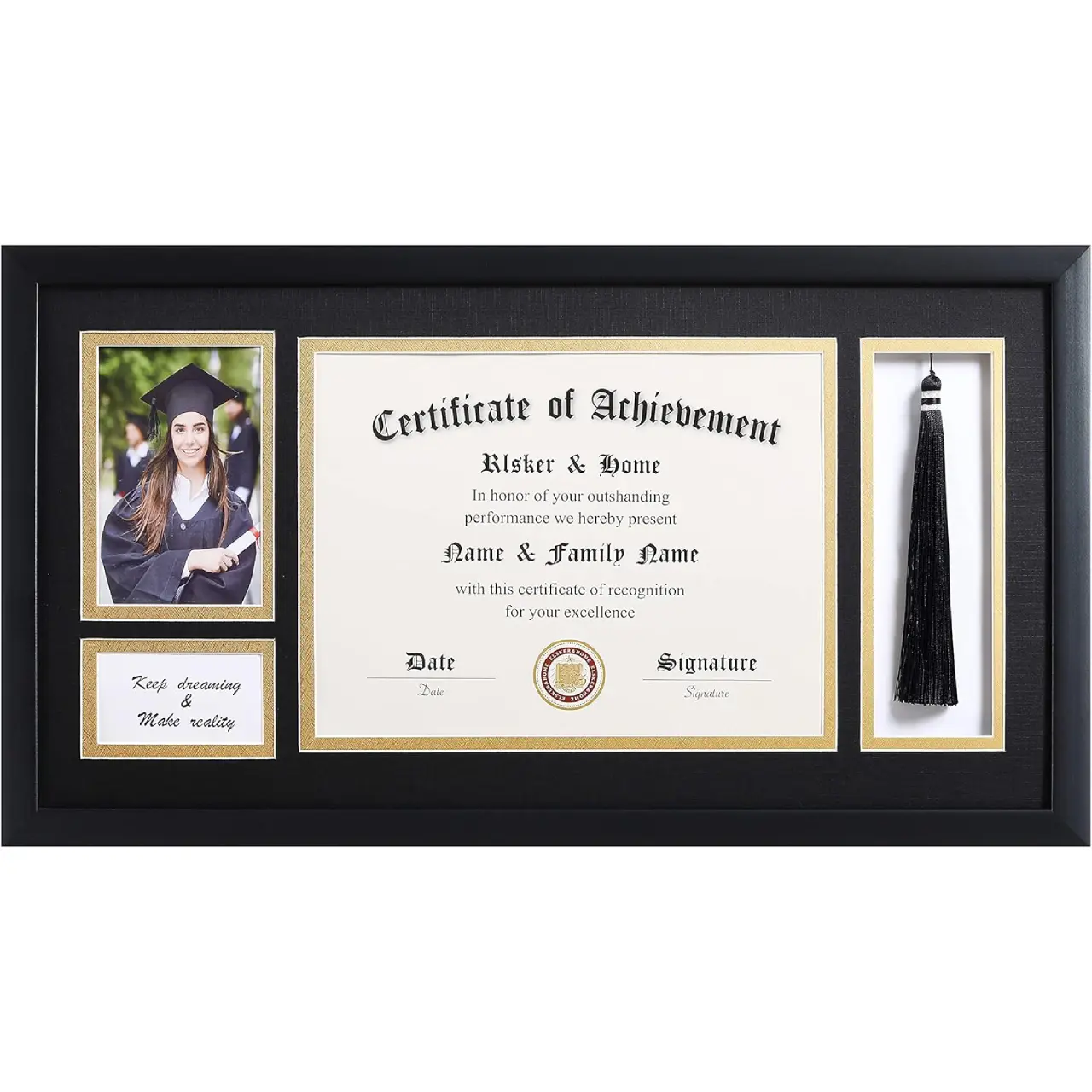 11x22 Diploma Frames with Tassel Holder for 8.5x11 Certificate Document Shadow Box, 4x6 Graduation Photo, Matte Black Frame, Degree Double Mat, Black with Gold Rim