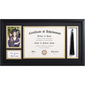 11x22 Diploma Frames with Tassel Holder for 8.5x11 Certificate Document Shadow Box, 4x6 Graduation Photo, Matte Black Frame, Degree Double Mat, Black with Gold Rim