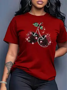 Women's Short Sleeve T-Shirt with Sparkly Rhinestone Cherry Graphic Perfect for Parties Casual Dates and Daily Urban Fashion