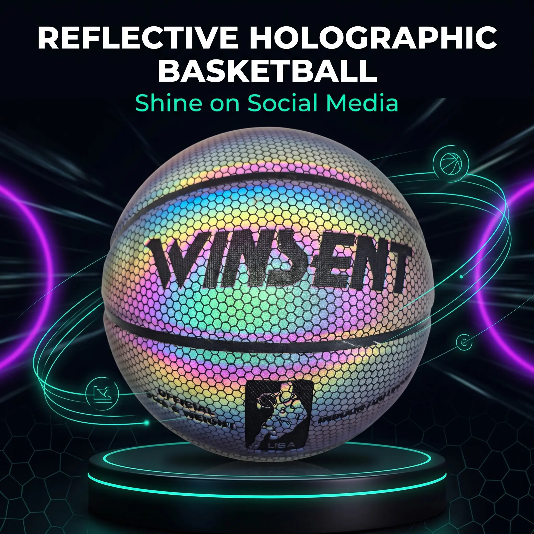 Reflective Holographic Official Size 7 (29.5 in) Composite Leather Basketball, Non-Slip Wear-Resistant Night Glowing Ball for Indoor-Outdoor Training, Game Gift for Men & Youth