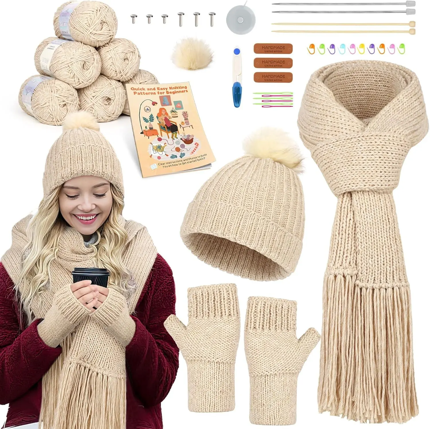Katech Knitting Kit for Beginner- Learn to Knit Kit for Adults & Kids | Complete Hat, Scarf, Gloves Starter Knitting Kit with Step-by-Step Video Tutorials-Ideal Gift Gift