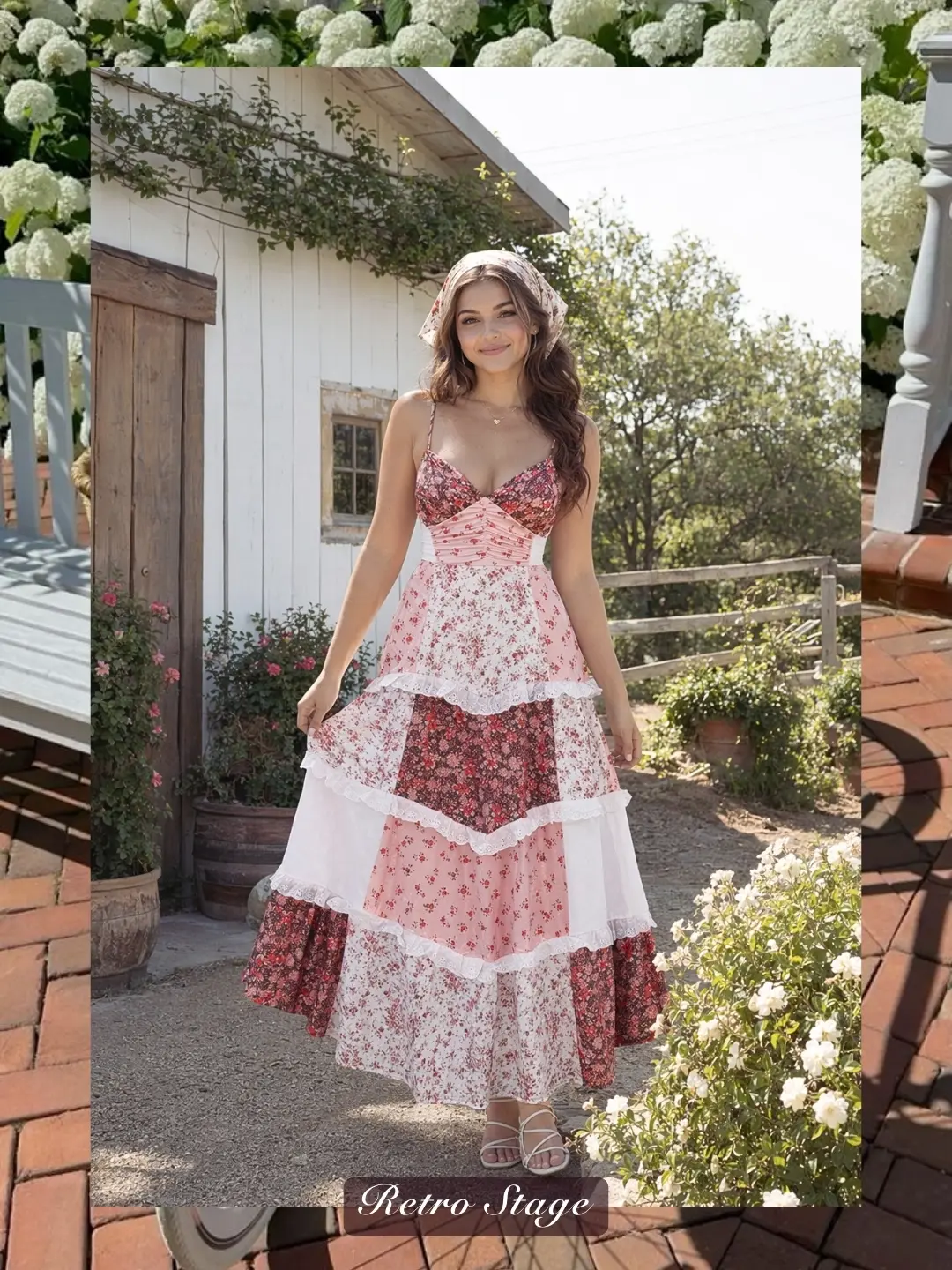 Multicolor 1930s Quilt Floral Print Ruffled Strap Dress long womensummer dresses vacation outfits Backless Boho Style Womenswear