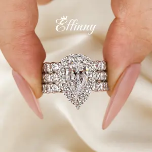 Effinny 3.0ct Classic 3PC Halo Pear Cut Engagement Ring Set, Fashion Jewelry Wedding Ring Set In Sterling Silver for Daily Wear Outdoorfun