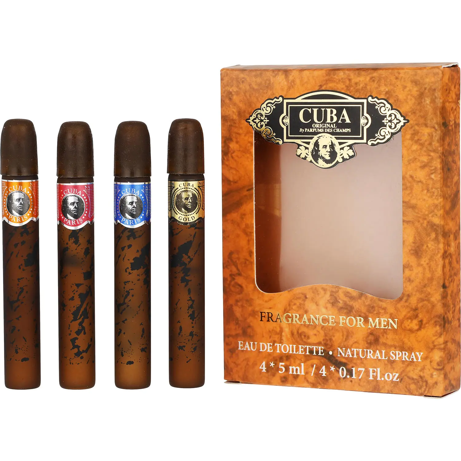 Cuba Variety Set-4 Piece Mini Variety With Cuba Gold, Red, Blue, & Orange & All Are 0.17 Oz For Men Cuba Variety Set-4 Piece Mini Variety With Cuba Gold, Red, Blue, & Orange & All Are 0.17 Oz For Men