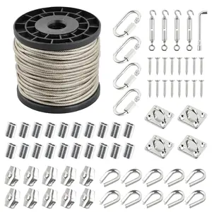 1/8" Steel Wire Rope Kit 304 Stainless Steel Cable, 98Ft PVC Coated Cable Wire with Turnbuckles, Wire Tensioner, Crimping Sleeves, Aircraft Cable for String Light, Clothesline, Picture Hanging Craft