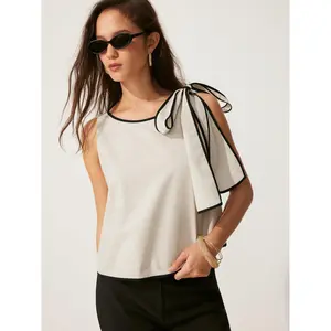 Cider Linen-blend Boat Neck ColorBlock Knotted Blouse