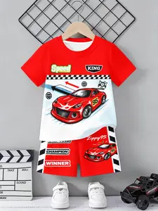 Boys' Short Sleeve Shorts Set, Casual Fashion Style, Fun Pattern, Fun Geometric Print, Summer Outdoor Sports Wear, Soft Breathable Comfort, Perfect for Kids, Speed