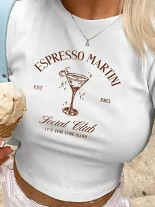SHEIN EZwear Women's Summer Y2K Cocktail Espresso Martini Cropped T-Shirt Graphic Tees Women Tops