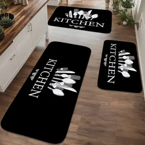 1/2/3pcs, Black and White Tableware Kitchen Signage 2D Flat Printing Pattern, Home Decor, Home Mat Set, Suitable for Kitchen and Bathroom, Kitchen Floor Mat, Soft and Thick Indoor Entrance Rug, Non-Slip and Easy-to-Clean