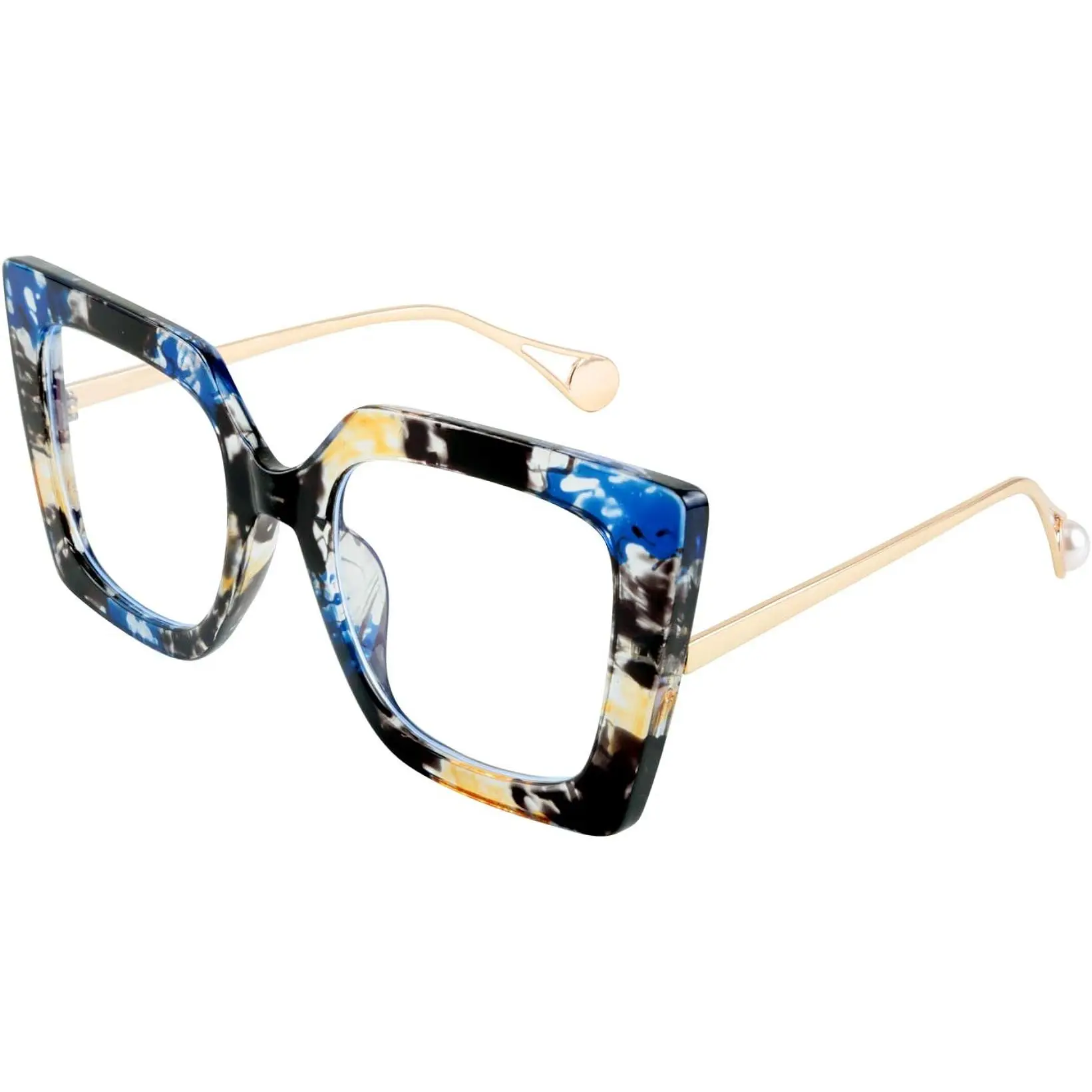 FEISEDY Oversized Square Frame Eyeglasses for Women, Blue Light Blocking UV Protection Glasses, Pearl Inlay Arm Cat Eye Fashion Eyewear, Daily Use Gift B2639