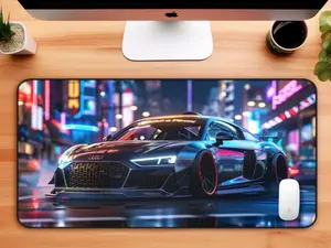 Audi R8 in a city with neon signs mousepad _ Car Mouse Pads, Car Desk Mat, Gaming Mouse Pad
